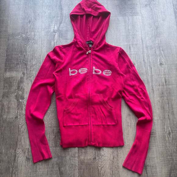 bebe Tops - Vintage Bebe Rhinestone Bling Pink Zip-Up Knit Hoodie